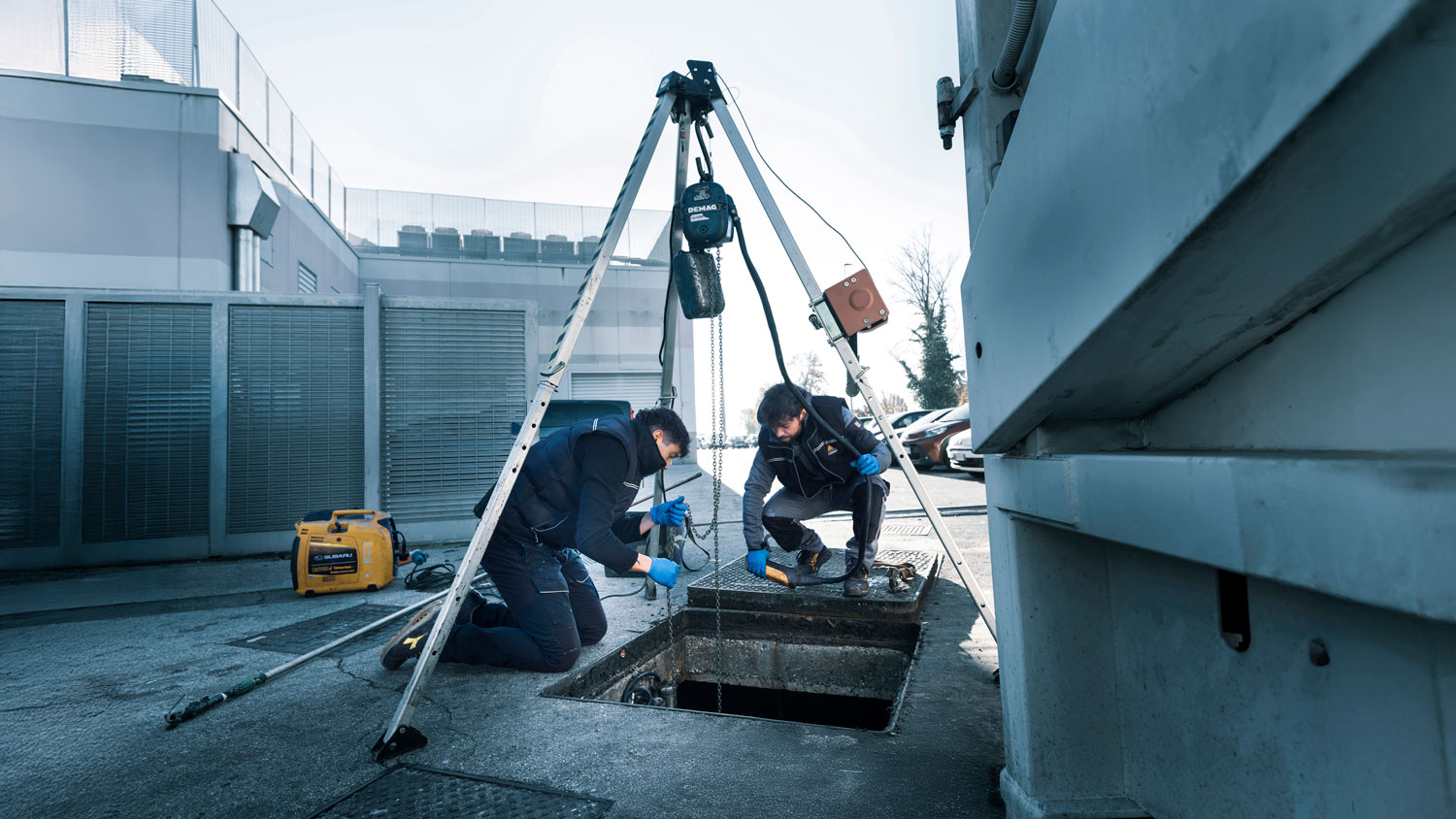 Altri impianti RAME: due dipendenti RAME lavorano all'interno di un tombino / pozzetto fognario